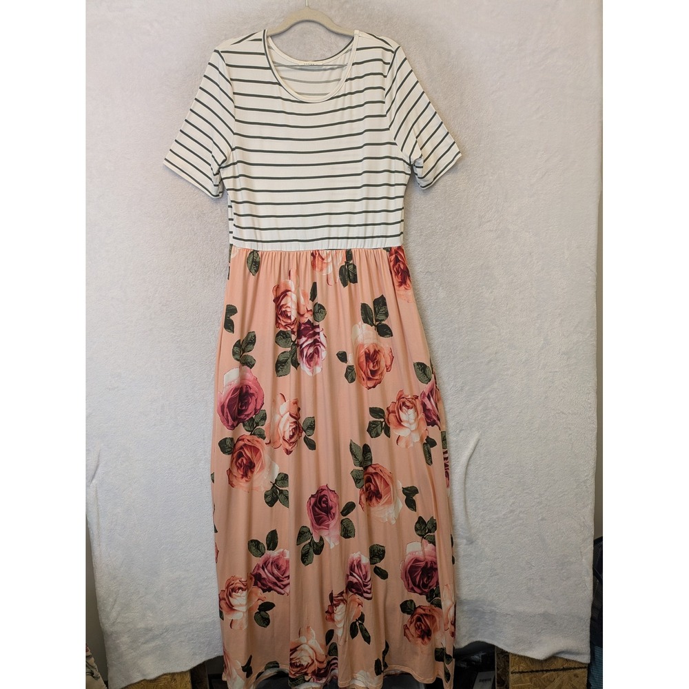 Reborn J Maxi Dress Women's XL Pink White Striped Floral Short Sleeve